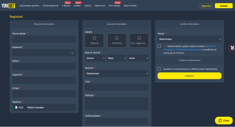 Yonibet registrazione