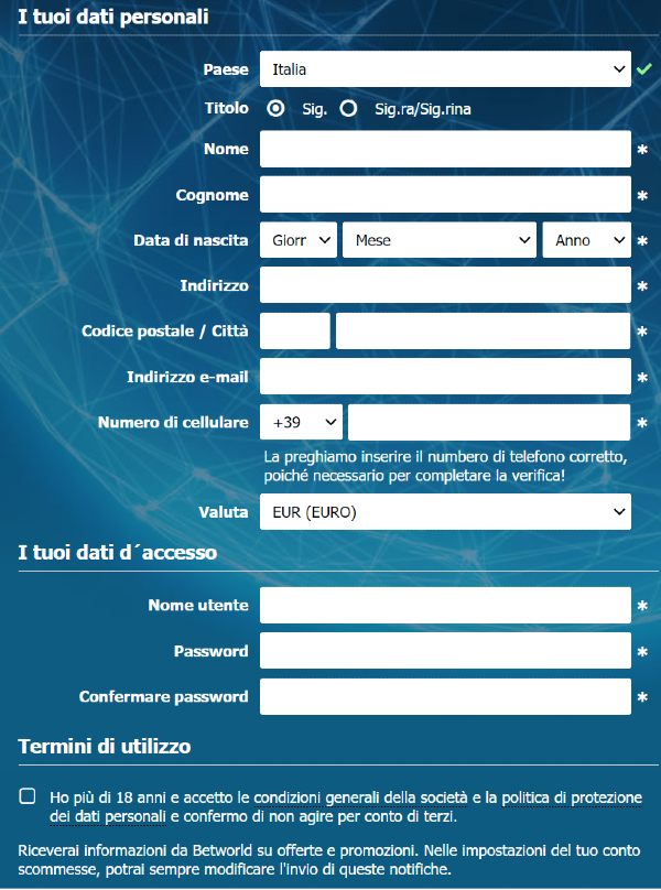 betworld registrazione